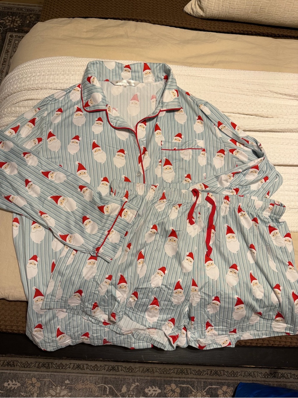 Women’s Light Blue Santa Print Pajama Set with Red Trim
